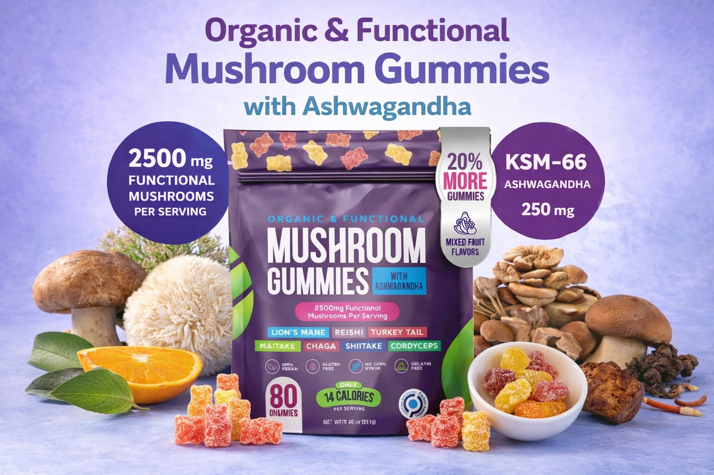 Organic Mushroom Gummies with Ashwagandha